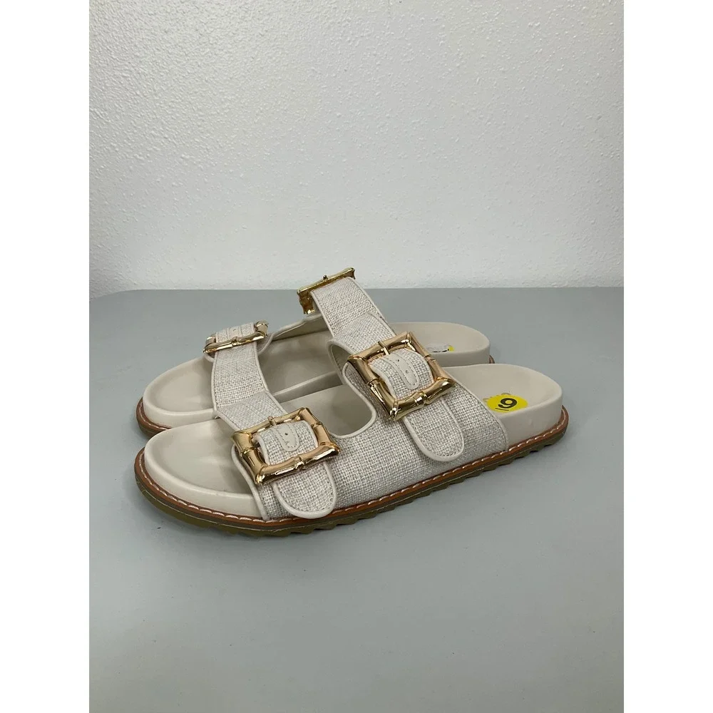 Jason Wu Womens Cream Linen‎ Double Buckle Slide Sandals Gold Bamboo Detail 9